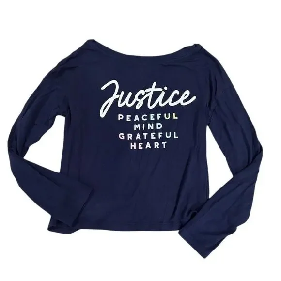 Justice Girls Long Sleeve Graphic Top Blue Twist Back Size S Peace - Picture 1 of 5